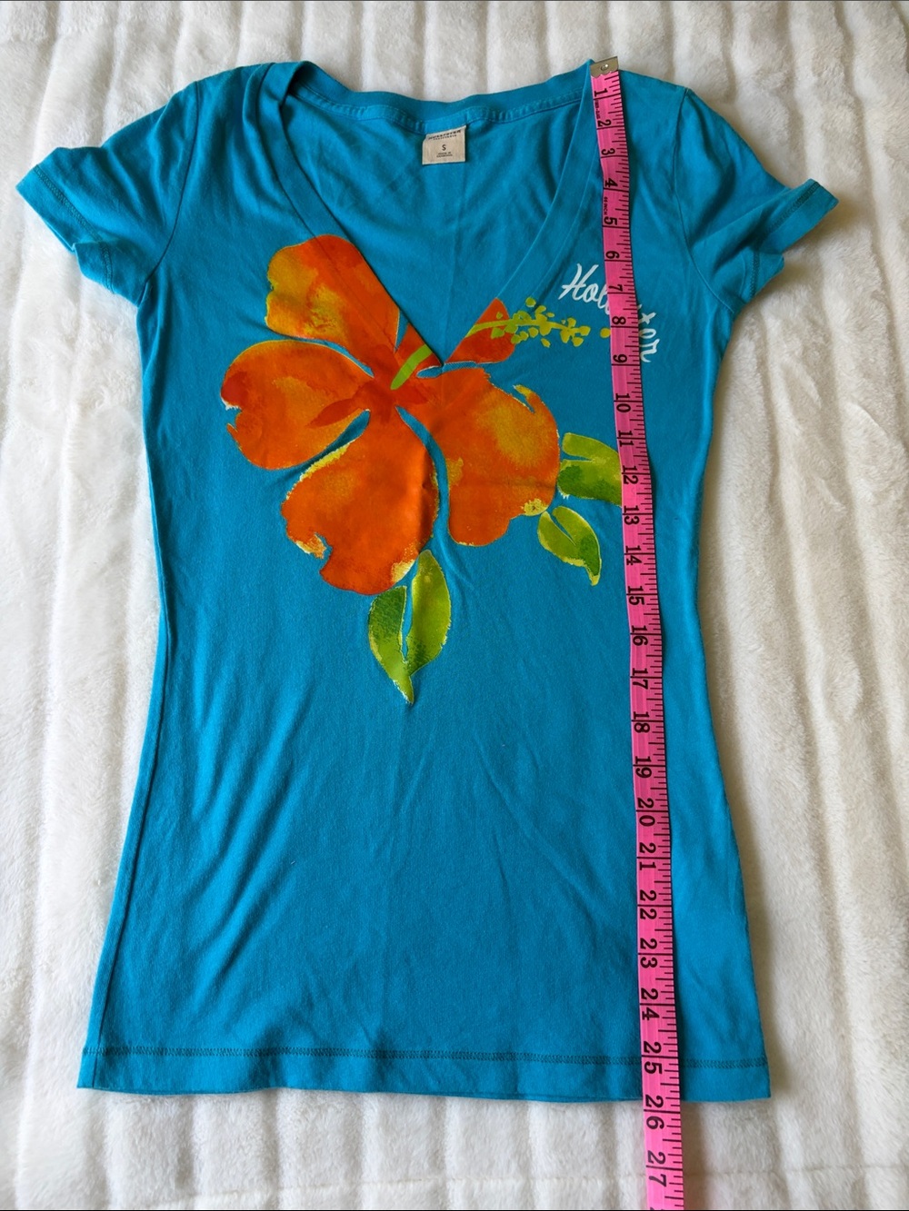 Hollister Bright Turquoise V-Neck Tee with Orange Floral Sz S - Picture 5 of 8
